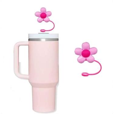 Imagem de Topper de palha de silicone de flor rosa para Stanley 30 e 1,134 g, tampa de palha à prova de respingos, capa de tampa de canudo reutilizável, capas de ponta de canudo para Stanley, dispensadores de
