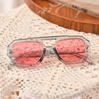 Imagem de Óculos de sol aviador retrô para mulheres e homens, óculos de sol clássicos quadrados hexagonais com armação grossa, Cinza transparente/rosa, Medium