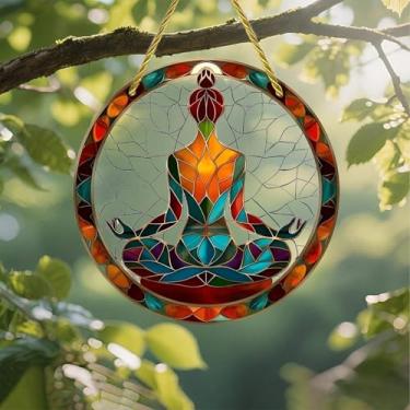 Imagem de Protetor solar de acrílico colorido, pose de ioga de vitral 18 cm, decoração de parede de janela suspensa com design de vitral impresso, ideia de presente e ornamento de jardim, uso interno e externo