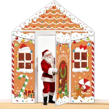 Imagem de Decorações de casa de gengibre de Natal capas de porta de doces grande faixa de janela de Natal Papai Noel sinal de varanda homem pão de gengibre cabine de fotos adereços para férias internas ao ar