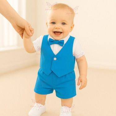 Imagem de Conjunto Infantil Social Shorts Xadrez Listrado Gravata Borboleta Bebê