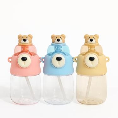 Imagem de Garrafa Infantil 800ml com Canudo, Alça e Adesivos Decorativos – Rosa/Azul/Bege – Design Urso Fofo, Tampa Protetora e Acessórios Personalizáveis (BEGE)