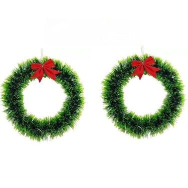 Imagem de Guirlanda de Natal 25cm para Porta com Laço Vermelho – Festão Nevada Verde Enfeite Natalino Decorativo (Verde 2 Peças)