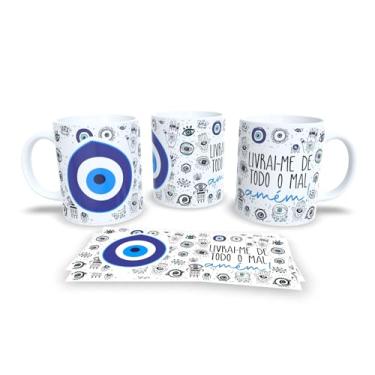 Imagem de Caneca Evil Eye Proteção, Porcelana Branca com Olho Grego Azul, Design Místico com Padrão de Amuletos, Livrai-me de Todo o Mal (10560)