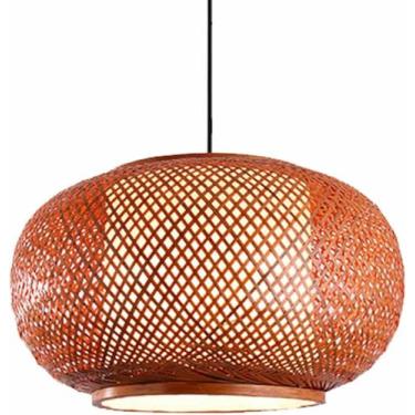 Imagem de WLHAZMWY Candeeiro pendente marrom estilo pastoral abajur tecido à mão pingente de vime natural boho tecido praiano (40 cm x 20 cm)