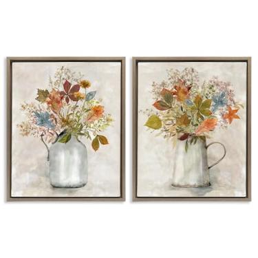 Imagem de Stupell Industries Autumn Bouquets Country Jugs Conjunto de tela flutuante com moldura dourada de 2 peças, design por Carol Robinson, 89 x 63 cm