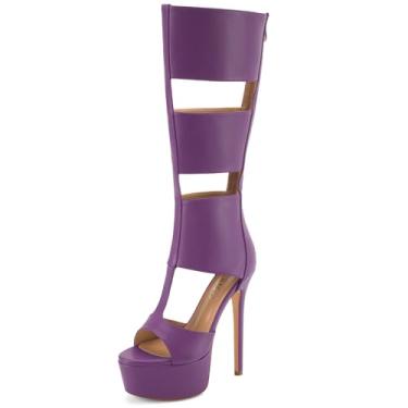 Imagem de Perisis Sandálias gladiadoras plataforma até o joelho para mulheres sexy aberto peep toe salto alto stiletto moda verão vestido festa dança botas com zíper, PU roxo, 35