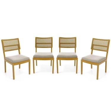 Imagem de Kit Com 4 Cadeiras Milena Madeira Maciça Assentos Estofados Encostos De Tela Palha Sextavada Veludo Bege 102