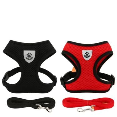Imagem de Coleira de Malha Flexível com Colete Peitoral Ajustável para Cão Cachorro Gato Animais (1 unid Preta + 1 unid Vermelha,P)