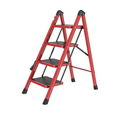 Imagem de Escadas dobráveis escada dobrável de metal leve escada doméstica multiuso portátil 4 degraus com borracha algodão pega única (preto) escada resistente (cor: vermelho) (vermelho)
