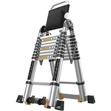 Imagem de OKUOKA Escada telescópica telescópica com bancada de trabalho e roda auxiliar, escada de extensão dobrável de alumínio resistente para trailers, com trava de mola em cada degrau (tamanho