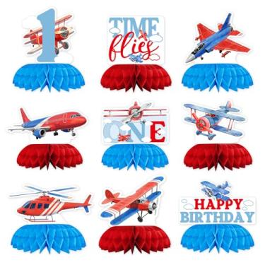 Imagem de 9 peças de decorações de festa de 1º aniversário de avião azul vermelho favo de mel centros de mesa lembrancinhas para meninas meninos tema moscas do tempo 1 ano de idade suprimentos de festa de