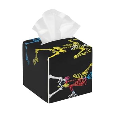 Imagem de Porta-lenços de papel quadrado de couro à prova d'água, crânio, colorido, organizador de papel facial com cinto inferior, estojo de lenços para mesa, banheiro, escritório, mesa, carro, decorativo