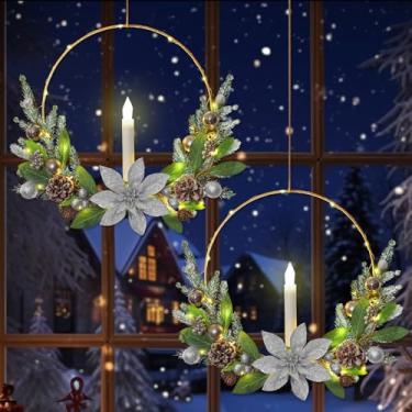 Imagem de Betylifoy Pacote com 2 guirlandas de Natal para porta da frente, guirlanda de argola vermelha de Natal de 41 cm com luzes de vela afuniladas de LED, guirlandas de Natal para decoração de Natal e