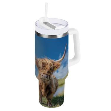 Imagem de xigua Copo Highland Cow 1,134 g com tampa e canudo, aço inoxidável de vácuo duplo isolado garrafa de água esportiva suporte para copo de café de viagem à prova de vazamento para bebida gelada