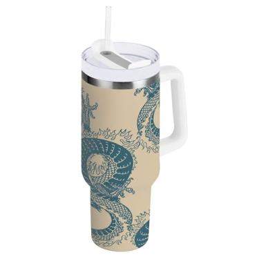 Imagem de xigua Copo vintage com estampa de dragão de 850 g com tampa e canudo, aço inoxidável de vácuo duplo isolado garrafa de água esportiva suporte para copo de café de viagem à prova de vazamento para