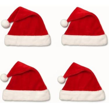 Imagem de Conjunto de 4 Gorros de Papai Noel Premium 29x40cm Veludo Vermelho e Branco