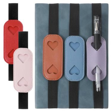 Imagem de Pacote com 5 porta-canetas para caderno, agenda, elástico, ajustável, design de couro PU, manga colorida, porta-lápis, para agendas, cadernos e livros, material escolar de escritório