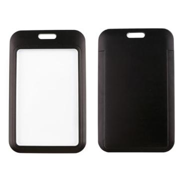Imagem de BKBKAAK Pacote com 2 porta-cartões preto, porta-crachás de identificação de plástico transparente, compartimento superior para cordão e chaveiro, capa de cartão de PVC reutilizável para trabalho