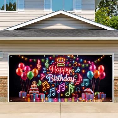 Imagem de Capa de porta de garagem de aniversário, cenário fotográfico de faixa de feliz aniversário, fundo de festa para decoração de parede interna e externa (música, feliz aniversário, 1,8 x 3 m)
