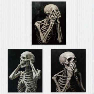 Imagem de Decoração de parede de caveira gótica de 3 peças, pôsteres engraçados de esqueleto sem moldura para paredes, decoração de arte de parede cômica para casa, sala de estar, banheiro, quarto, presentes de