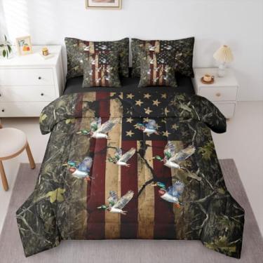 Imagem de Feelyou Conjunto de cama queen de pato rústico de cabana rústica, 7 peças, para crianças, meninos, meninas, decoração de animais selvagens, lençol com lençóis, fronhas e capa de almofada, bandeira
