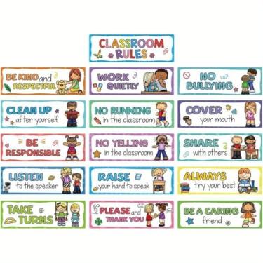Imagem de Conjunto de 16 peças de pôsteres educativos de regras, desenhos animados sem moldura, habilidades sociais e maneiras, cartões de ensino para decoração de quadro de avisos