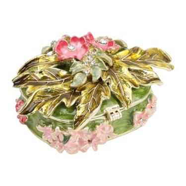 Imagem de Luocute Caixa de Joias Esmaltada, Folha Banhada a Ouro, Design de Flor, Caixa de Metal Oval Verde Com Cristais Brilhantes, para Armazenamento de Colar de Anel de Brinco