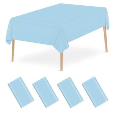 Imagem de Mulbozy Toalha de mesa descartável de plástico azul claro, pacote com 4, toalhas de mesa retangulares de 137 × 272 cm, capa de mesa de plástico azul bebê para decoração de festa