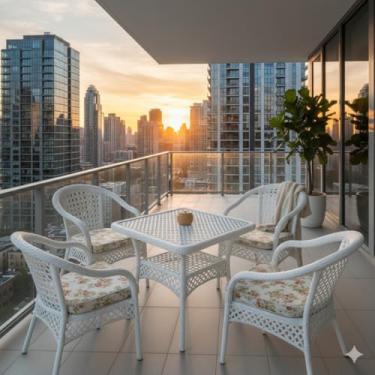 Imagem de Conjunto de Mesa e Cadeiras para Área Externa em Polipropileno Branco Trançado C7 Neo, Elegante e Sofisticado, com Tampo de Vidro e Estofado Floral, Ideal para Varandas, Sacadas, Jardim e Piscina