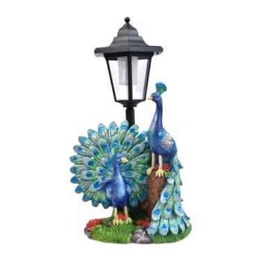 Imagem de MFMEXUL Estátua de pavão para jardim com luz solar, decoração externa, presente, escultura de resina com luminária de animal para áreas externas e gramados.