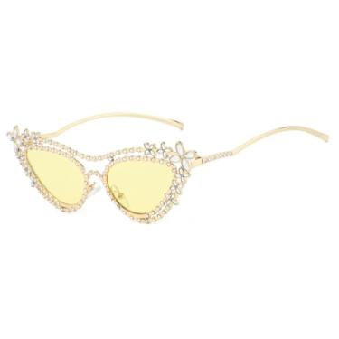 Imagem de Óculos de Sol Femininos de Luxo Estilo Olho de Gato com Estampa Floral e Diamantes, Tendência Masculina, Proteção UV400 (Amarelo Dourado)