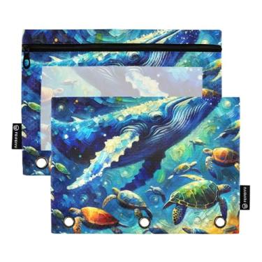 Imagem de GAIGEO Baleia azul colorida, tartarugas marinhas, 3 anéis, bolsa para lápis, fichário com zíper, fichários escolares com zíper, bolsos transparentes para trabalho 25 x 18 cm, 2 pacotes