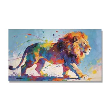 Imagem de NHLDZYH Arte abstrata de respingos de leão, pintura colorida de animais em tela, decoração de parede expressiva moderna para sala de estar ou escritório. A122. 40x72cm-15,8x28,3 pol. Somente tela