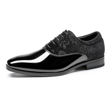 Imagem de Rihero Sapato masculino Oxford clássico formal de couro envernizado com cadarço, Preto, 39
