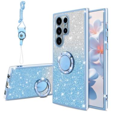 Imagem de Capa de telefone para Samsung Galaxy S23 Ultra 6,8 polegadas linda brilhante brilhante fina TPU brilhante brilhante com glitter capa com suporte e alça, meninas mulheres capa protetora à prova de