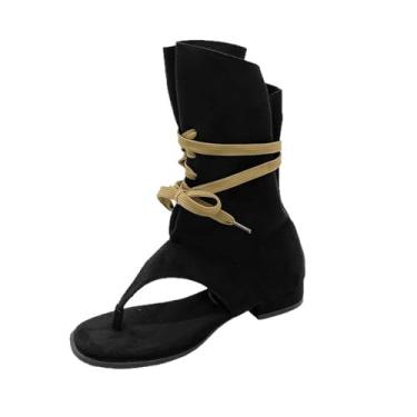 Imagem de Sandálias femininas modernas e casuais versáteis de inverno com espinha de peixe francesa com cadarço, Preto, 34