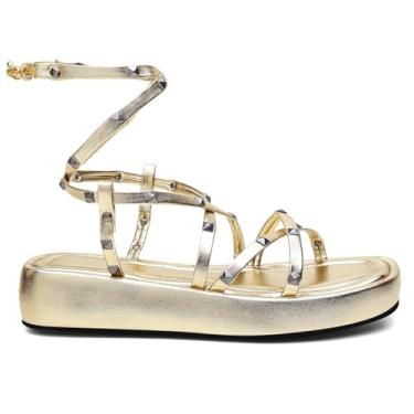 Imagem de Sandália Feminina Dourada com Tachas, Plataforma, Estilo Moderno, Tiras Ajustáveis (Dourado, BR, Adulto, Numérico, 37)