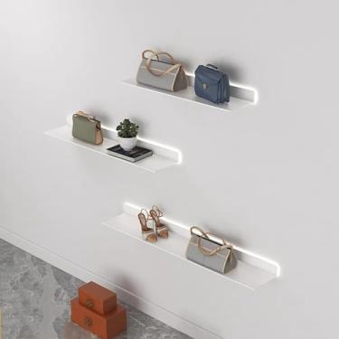 Imagem de Prateleiras de parede flutuantes, prateleiras de exibição montadas na parede, prateleiras de parede flutuantes com luz quente de LED para decoração de sala de estar, planta de armazenamento ou estante