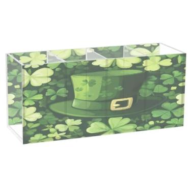 Imagem de Burbuja Porta-canetas de acrílico St Patrick Hat Clover com 4 compartimentos, suporte de lápis transparente para pincéis de maquiagem, acessórios de mesa de escritório em casa