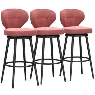 Imagem de Banquetas de bar estofadas giratórias de veludo com apoio para os pés de metal, bancos de bar com altura giratória conjunto de 3, bancos de balcão com encosto, cadeira de bar moderna para ilha de