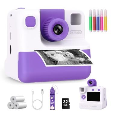 Imagem de Impressão instantânea de câmera infantil, presentes de aniversário de Natal para meninas de 3 a 12 anos, câmeras de vídeo digitais FHD selfie para crianças, 3 rolos de papel impresso e cartão de 32 G