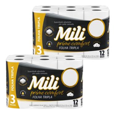 Imagem de Papel Higienico Mili Folha Tripla Prime Confort  2 fardos c/ 12 rolos (total 24 rolos)