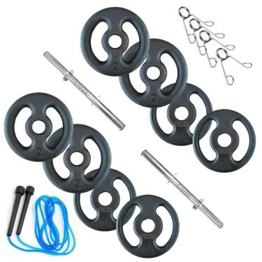 Imagem de Kit 12kg Com Barras E Anilhas P/ Musculação Halter + Corda-Unissex
