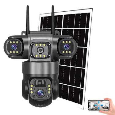 Imagem de Camera de Segurança Placa Solar Wifi Lente Tripla 360 Graus HD Sensor Movimento Visao Noturna Vigilancia Panoramica