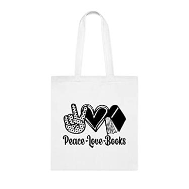 Imagem de Sacola de livros Peace Love, presente divertido para amantes de livros, bolsa de ombro, bolsas reutilizáveis, cesta de Natal de aniversário, ideia de presente, Branco