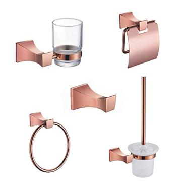 Imagem de Acessórios Hardawre para banheiro Anel de barra de trilho pendurado para toalheiro Suporte de papel de ouro rosa antigo Escova de banheiro Robe Saboneteira Cabide de copo, 5 peças conjunto A