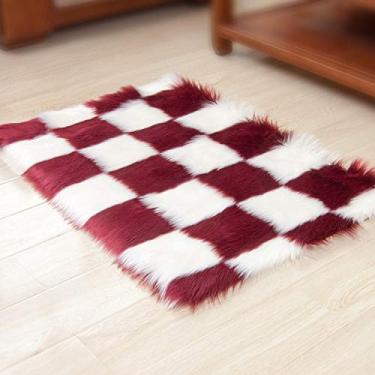 Imagem de Tapete de área falsa xadrez felpudo lavável tapete de pilha longa antiderrapante protege o chão para sala de estudo banheiro varanda quarto infantil sofá cadeira, vermelho, 60 * 180 cm