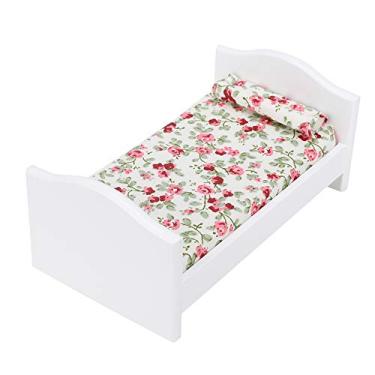 Imagem de Mini cama miniatura de móveis de casa de bonecas em escala 1/12, kit de cama de casa de bonecas DIY de madeira com almofadas, acessórios e brinquedos de casa de bonecas em miniatura, conjunto de brinquedos para quarto de crianças (branco) (1#)