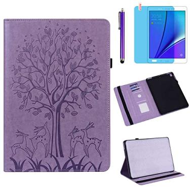 Imagem de Capa para Samsung Galaxy Tab A 20.3 cm 2015 (SM-T350 T351 T355 SM-P350 P355), capa traseira de silicone macio de couro PU com suporte para cartão, com caneta Stylus, película de tela (Tree Purple)